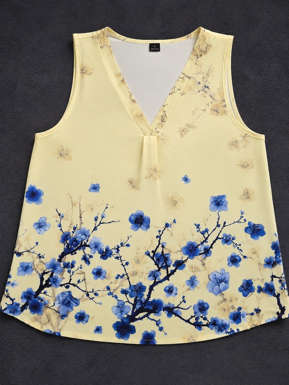 V-Neck Floral Sleeveless Tank Top - Yellow with Blue Blossom Print